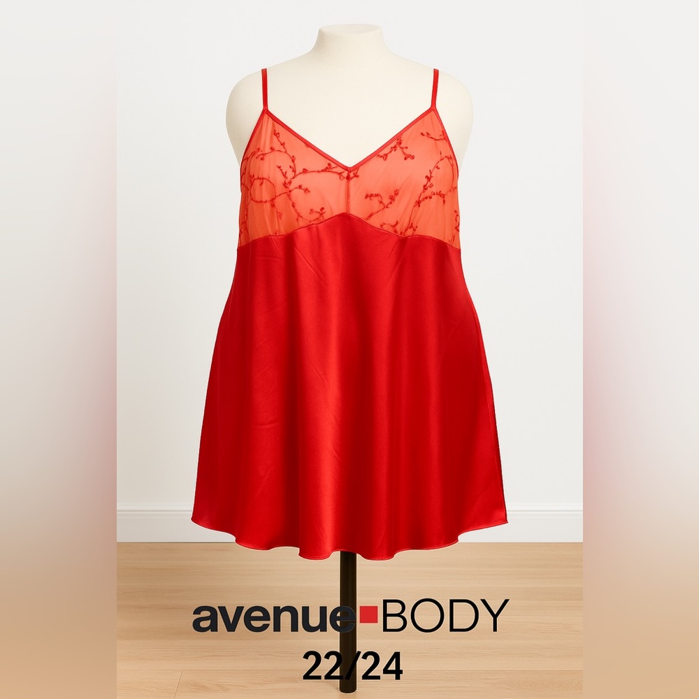 Avenue BODY Plus Size 22/24 Red Satin Lace Chemise Nightgown NWOT